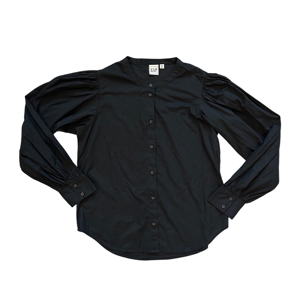 GAP Black cotton button down puff sleeve blouse office corporate cottagecore M